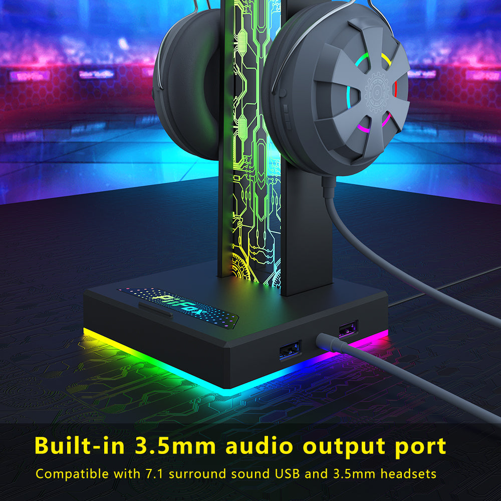 PIIFOX HS-01 RGB Gaming Headset Holder 3D Light Effect Headphone Desk Stand with 2 USB 3.5mm Audio Interface PIIFOX HS-01 RGB Gaming Headset Holder 3D Light Effect Headphone Desk Stand with 2 USB 3.5mm Audio Interface